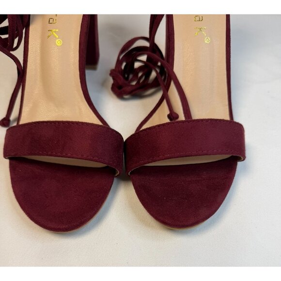 Allegra K Women's Size 9 Burgundy Open Toe Lace Up Chunky High Heel Sandals - Picture 4 of 11